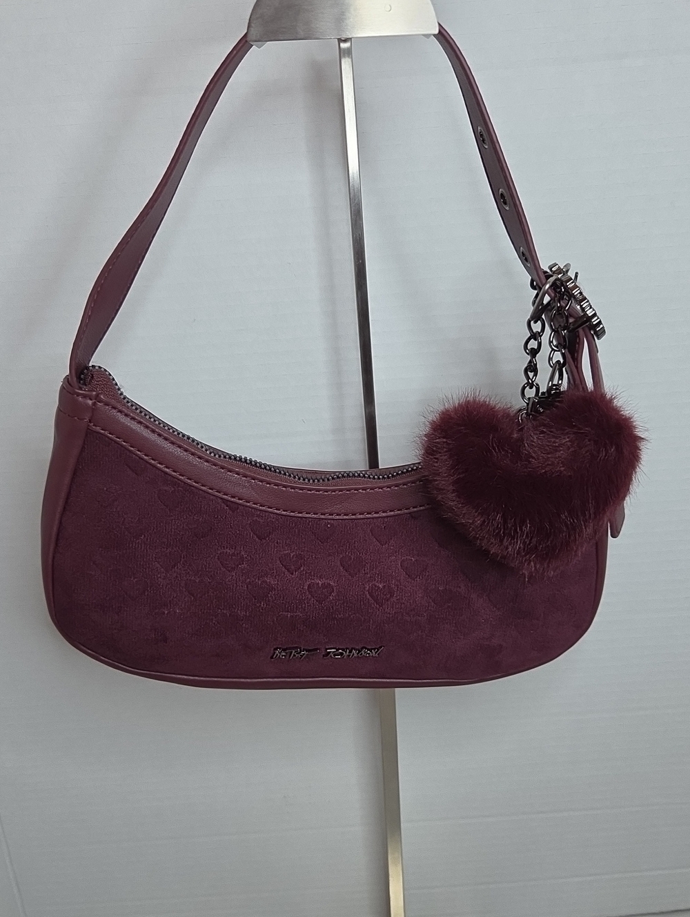 Betsey Johnson Plum Shoulder Bag with Heart Fur Charm